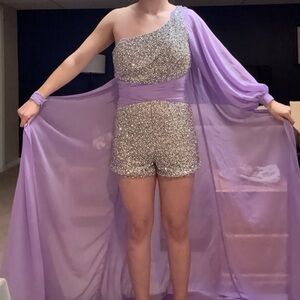 Ashley Lauren - Sheer Caped Romper Dress